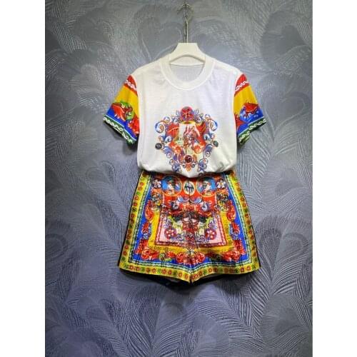 Retro Palace Printed Fashion Women Clothes Set Two Pcs Summer Short Sleeves Loose Casual Clothing 2 Piece Tops