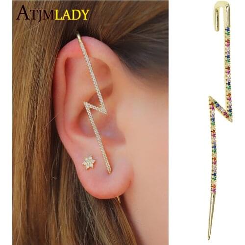 Clip-on Earring No Pierced Non-piercing Earcuff Ear Clip girls 1pc Flash cz lightning with colorful rainbow cz long cuff earring
