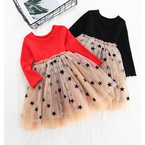 2020 Girls Clothes Dress Fashion Princess Pettiskirt Party Dress Long Sleeve Spring Shiny Five-pointed Star Children Clothes