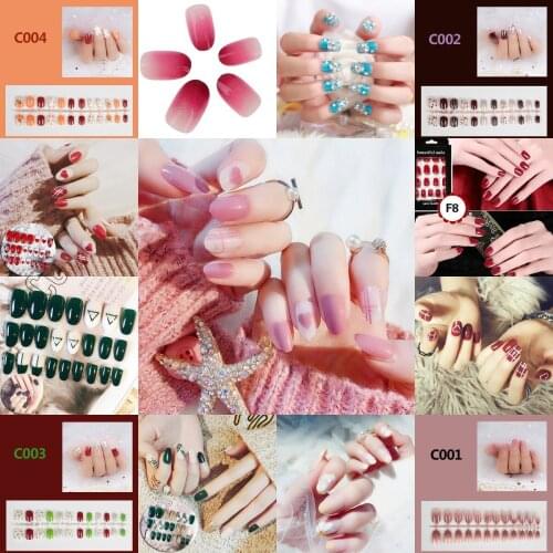 24pcs/set Shiny Red Fake Nails Square Medium Press On Nails Glitter Decoration Nail Art Tips including Glue Sticker