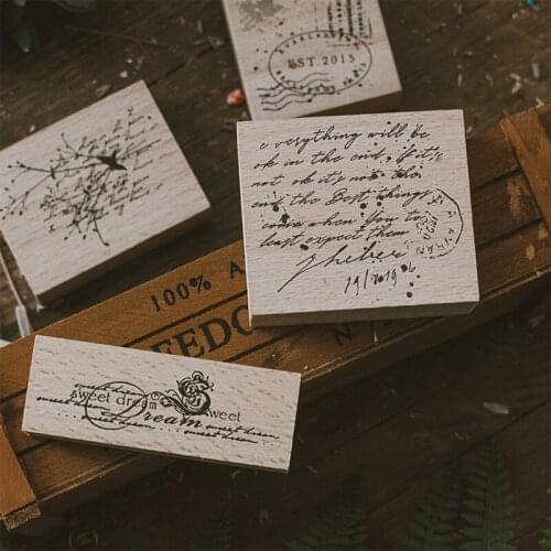 Retro English Poem Solid Wood Seals Sketch Wooden Stamps for Letters Diary Hand Account Invitation Card Decor Gift Seal Chop