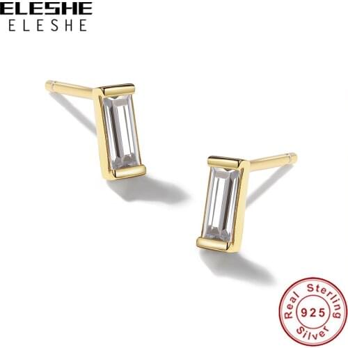 ELESHE Simple Rectangle Crystal Exquisite Earrings 925 Sterling Silver Stud Earrings for Women New Bridal Wedding Jewelry Gift