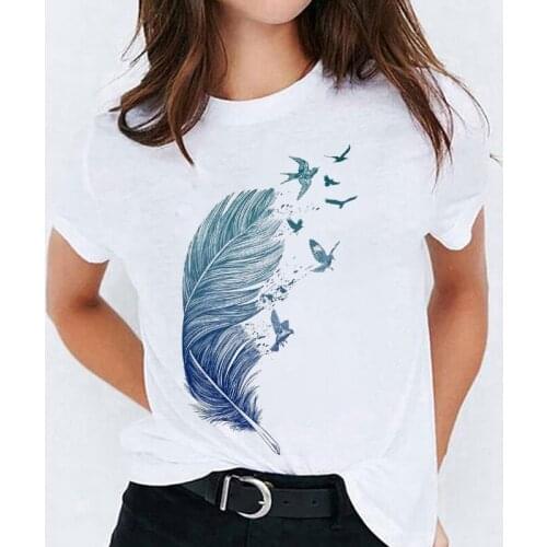 Fashion Female Short Sleeve Tee Shirts Feather Graphic Printing Casual White Round Neck Simple Summer New Ladies T shirt