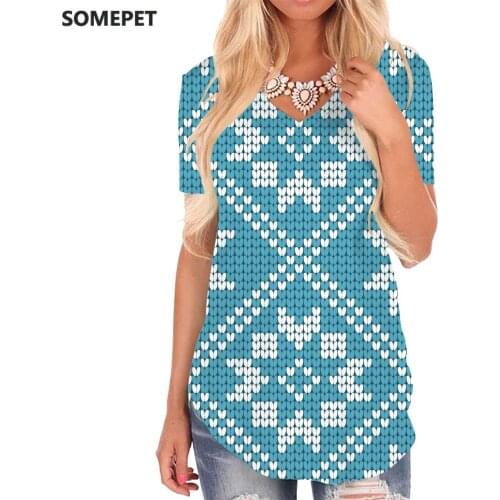SOMEPET Christmas T Shirt Women Snowflake Shirt Print Painting V-neck Tshirt Blue Funny T shirts Womens Clothing Summer Loose