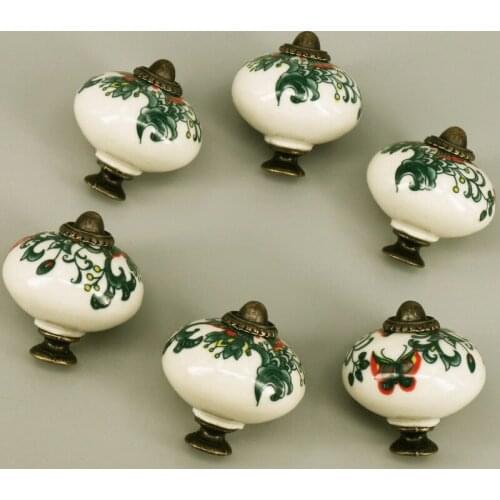 Ceramic Knobs Hand-Painted Flower & Butterfly Design Round Kitchen Cupboard Drawer Knobs Cabinet Wardrobe door Pulls/Handle