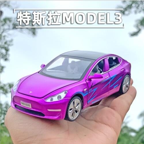 1: 32 Tesla Model3 Alloy Model With Light And Sound Effect Reverberation Car Childrens Toy Boy Birthday Gift Purple