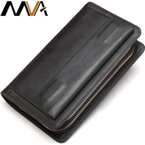 MVA Clutch Male Mens Wallet Genuine Leather Double Zipper Mens Clutch Bags purse for men Passport/Phone Wallets for credit car