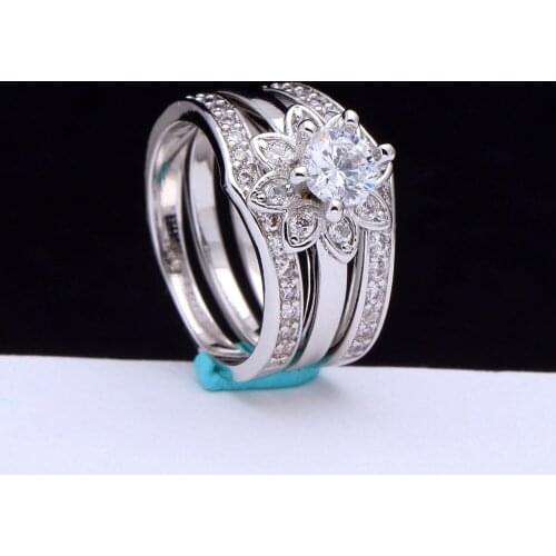 White AAA cz zircon flower 3pc women wedding ring sets luxury lovers gift new lady jewelry fine finger rings