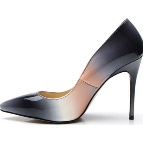 Newest Top quality gradient color pumps women patent leather high heels sexy pointed toe office lady party dress shoes