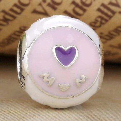 Original White & Pink & Purple Enamel Love Heart Love Mum Beads Fit 925 Sterling Silver Bead Charm Bracelet Diy Jewelry