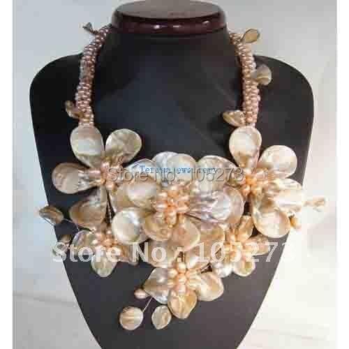 WIRED FLOWER NECKLACE WITH PEARL MOP SHELL GENUINE FRESHWATER PEARL 18''INCHS FASHION WOMANS JEWELRY NEW FREE SHIPPING FN503