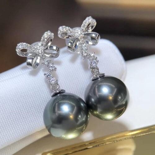 D512 Pearl Earrings Fine Jewelry Solid 18k Gold Round 10-11mm Nature Ocean Sea Water Tahiti Black Pearls Drop Dangle Earrings
