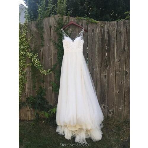 A Line Wedding Dress V Neck Lace Appliques Beaded Custom Size Tulle Bridal Gowns Vestido De Novia V Back Robe De Mariee