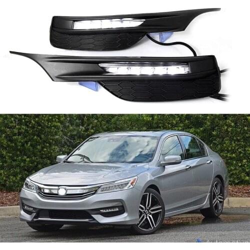 LED DRL Daytime Running Lights Front Bumper Fog Lamp w/ Turn Signal For Honda Accord Sedan 2016-2017