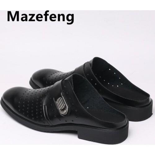 Mazefeng Men Hollow Male Shoes Summer Slippers Men Slippers Simple Casual Half Slippers Solid Outdoor Leather Slippers Round Toe