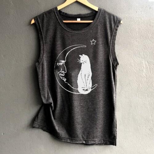 Women Clothing Black Good Vibes Girls Tops Harajuku Plus Size Tank Tees Moon Cat Women Top Summer Tanks