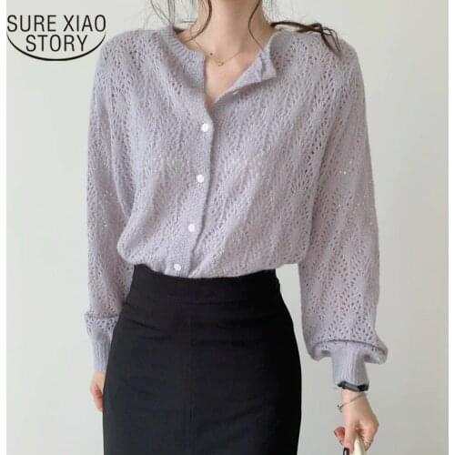 Blusa Feminina 2021 Knitted Cardigan Hollow Out Blouses Women Casual Lantern Long Sleeve Shirts Women Solid Elegant Tops 9824