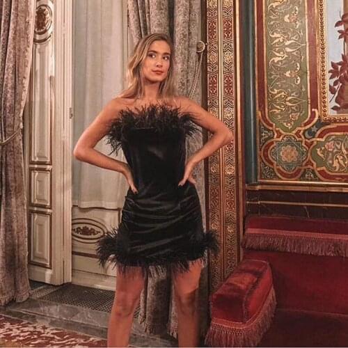 Sexy Dress Women Strapless Black About Knee Bodycon Night Out Club Party Dresses Fashion Feather Tassel Summer Dress Vestidos