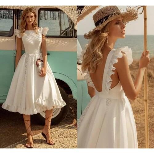 Short Wedding Dresses 2021 Knee Length Satin White Sleeveless Bridal Gowns A-line Gorgeous Open Back Ruffles Vestido De Novia