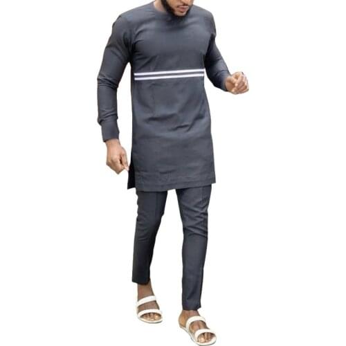 White Double Stripes Mens Shirts African Fashion Dashiki Man Black Sets O-neck Top And Trouser Tailor Made frican Wears