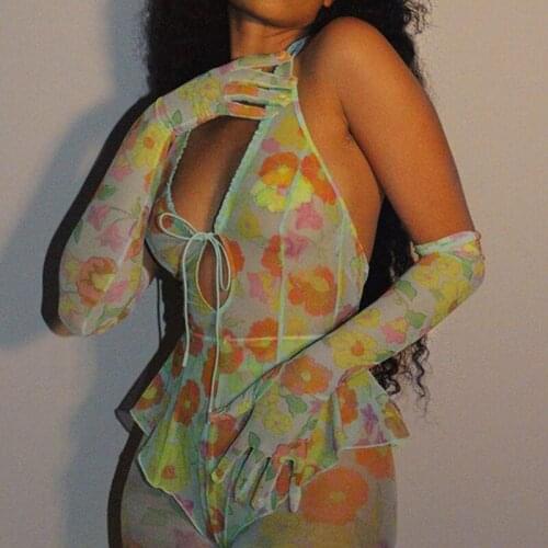 BKLD Summer Fairy Elegant Sexy Bodysuit Backless Halter Lace-up Womens Fashion Floral Print Slim Rompers Photo Shoot Out Wearing