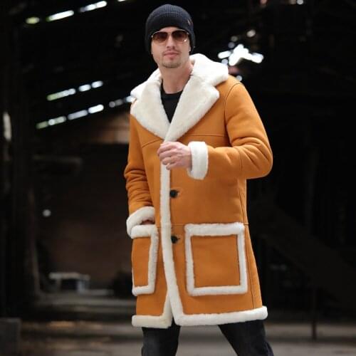 Denny&Dora 2019 New Mens Yellow Shearling Jacket Sheepskin Coat Long Leather Jacket Fur Coat Thick Warm Mens Winter Coats