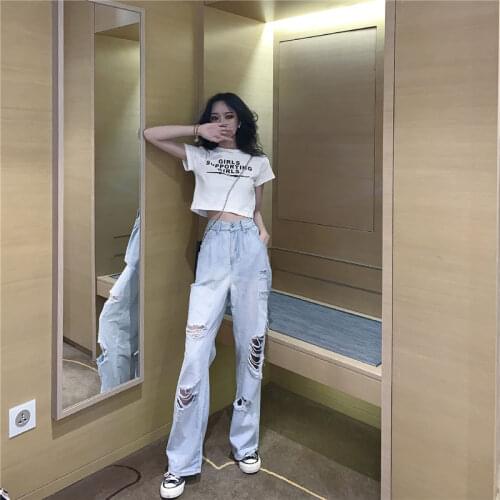 Jeans Woman COTTON Full Length Low Ripped Straight JEANS Loose Fashion Vintage DARK Button Fly Casual Girls Jeans Euro Style