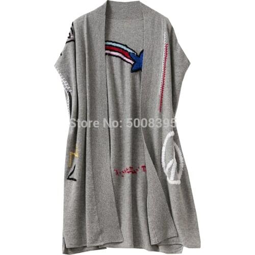 [ElfStyle] - GREY INDIANA BIS CACHEMIRE PONCHO CARDIGAN SKULL Stars Embroidered Drop Shoulder Cape Coat Asymmetric knitwear