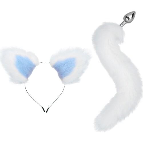 Erotic Womens Halloween Valentines Day Cosplay Costume Faux Fur Animal Ear Headband with Tail Anal Plug Toys Adult Party Favors
