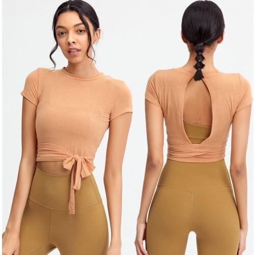 Summer Short Sleeve Yoga Shirts Hem Strap Fitness Gym T-shirt Sports Women Hollow out Running 2 Ways To Wear Top Clothes