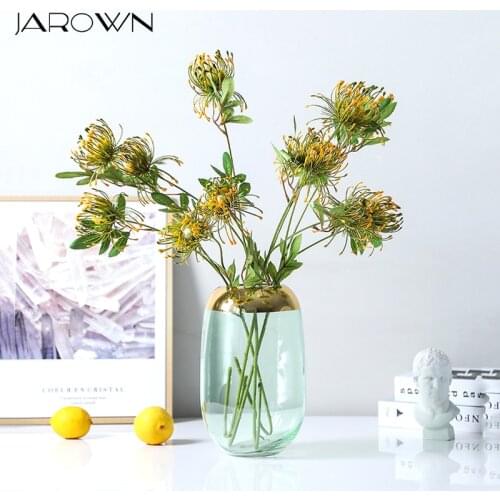 JAROWN Artificial Flowers Leucospermum Branch Fake Flower 3Head Pin Cushion Plastic Flowers Wedding Decoration Home Garden Decor