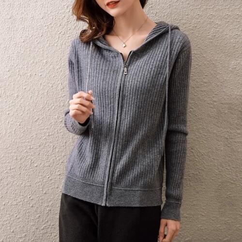 Women Casual Hoodies Zipper Cardigan Solid Hooded Coat Autumn Winter Warm 100% Wool Cardigan Sweater Tops Lady Sweatshirts