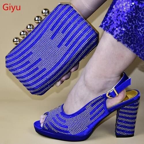 Doershow blue Shoes and bag maching set in summer High heel with smart hand bag matching set African Shoes and bag set!HMS1-18