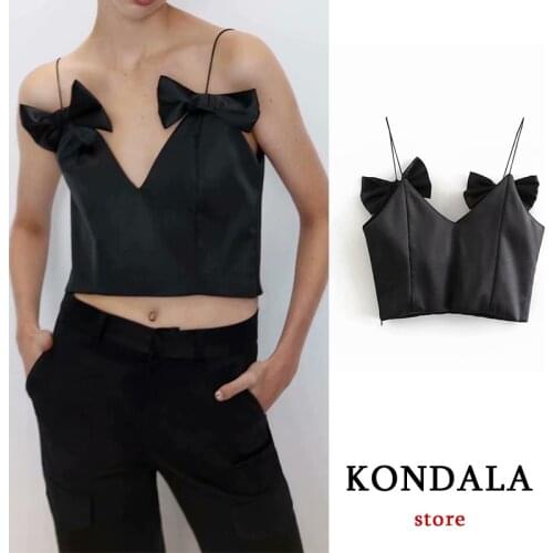 KONDALA Za 2021 Women Sexy Stain Camis Bow V Neck Cropped Tanks Mujer Tops Chic Black Vintage Blusas