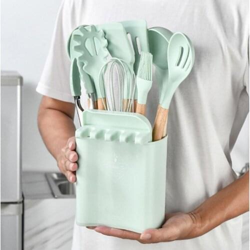New Silicone Cooing Utenils Spatula Spoon BBQ Set Heat-resistant Beech Handle Soup Ladle Turner Kitchen Chef Accessories 12pc
