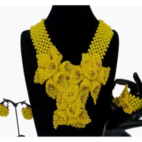 Necklace Set Women Yellow African Jewellery Set Dubai Braid Flowers Nigerian Bridal Beads Free Shipping Bridal Jewelry Set 2018