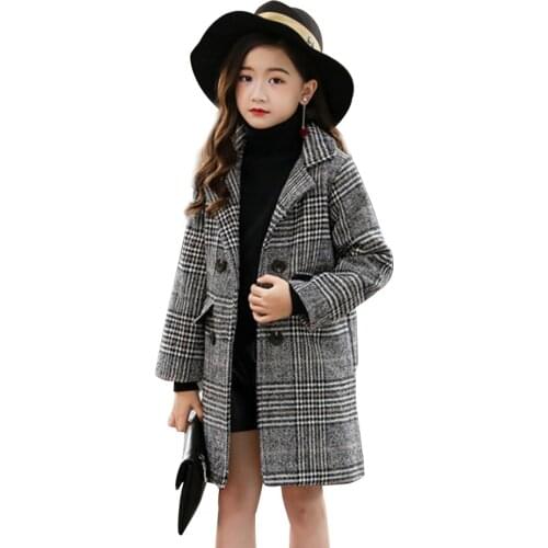 Girls Coat Fashion Plaid Wool Coat For Girls Double-breasted Kids Outerwear Autumn Thick Winter Clothes For Girls 6 8 10 12 14