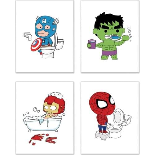 Marvel Avengers Superhero Brushing Bathing Pooping Posters Prints Funny Bathroom Sign Hero Canvas Painting Toilet Wall Art Decor