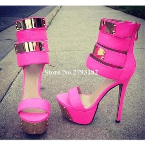 Ladies New Fashion Open Toe High Platform Metal Gold Decorated Gladiator Sandals Ankle Wrap Super High Heel Sandals Club Shoes