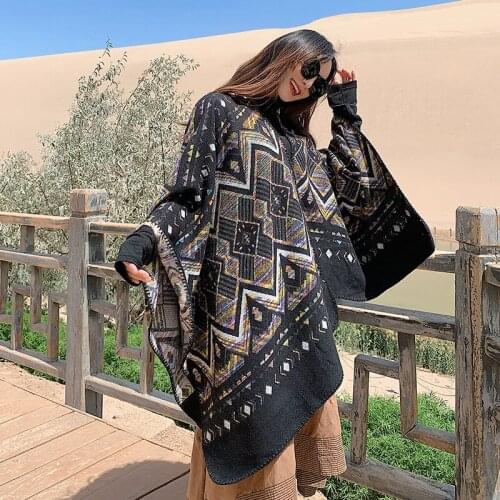 Womens Scarf Cape Elegant Cardigans Sweater cloak coat Loose geometry Autumn Winter Cashmere-like Knitted Cardigan Sweater