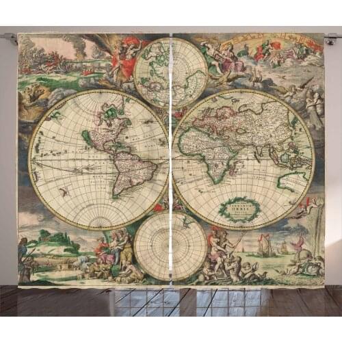 Antique Curtains Vintage Historic World Map Designs Satin Fabric Drapes for Living Room Bedroom 2 Panel Window Set