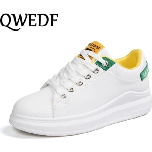 2019 Fashion Women Sneakers Breathble Vulcanized Shoes Women Pu leather Platform Shoes Women Lace up Casual Shoes White D1-06