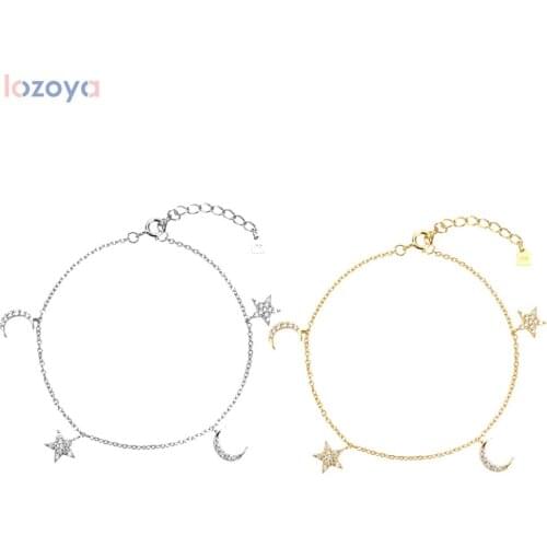 Lozoya 925 Sterling Silver Moon Star Bracelet Zircon Charms 8mm Women Rock Punk Fashion Jewelry 2020 Crystal CZ Jewels