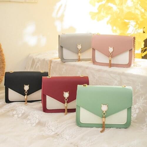 Womens Korean-Style Hardware Tassel Pu Shoulder Contrast Color Purse Small Bag Patched Patched Simple Elegant Outdoor Bag