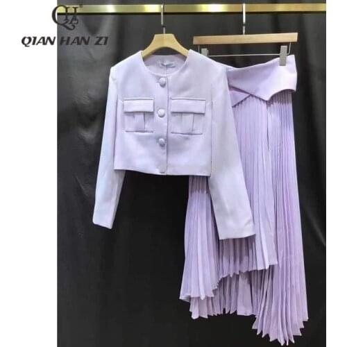 Qian Han Zi fall designer 2-piece set Long-sleeved pocket short coat+elegant fashion pleated Asymmetrical long skirt Suit Women