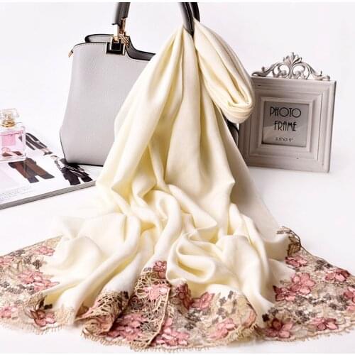 Bride Embroidered Wool Scarf Women Solid Red Shawls,Wraps for Wedding Festive Echarpe Winter Pashimina Ladies 100% Wool Scarves