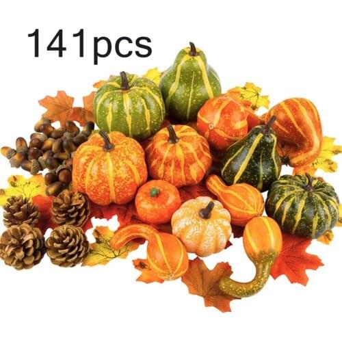 141PCS Thanksgiving Simulation Pumpkin Acorn Artificial Fake Pumpkin Maple Leaf for Halloween Harvest Festival Decoration