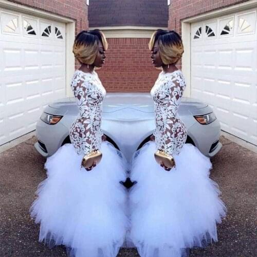 2019 African Mermaid Lace Prom Dresses for Black Girls Long Sleeves Ruffles Floor Length vestidos de gala Evening Prom dress