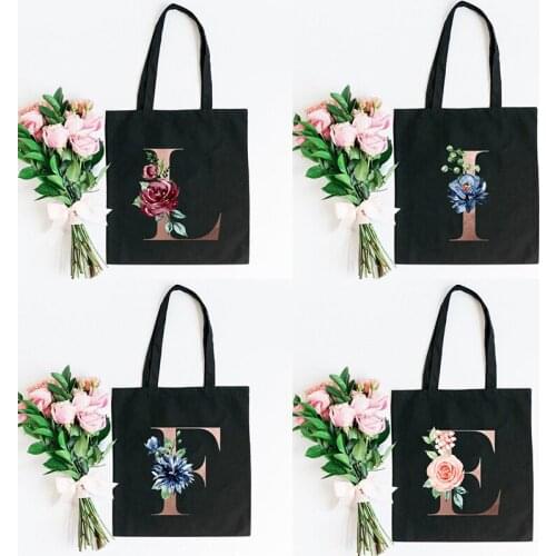 26 Alphabet Letter Canvas Tote Shoulder Bag A To Z Alphabet Combination Flowers Fabric Cotton Cloth Reusable Shopping Bags