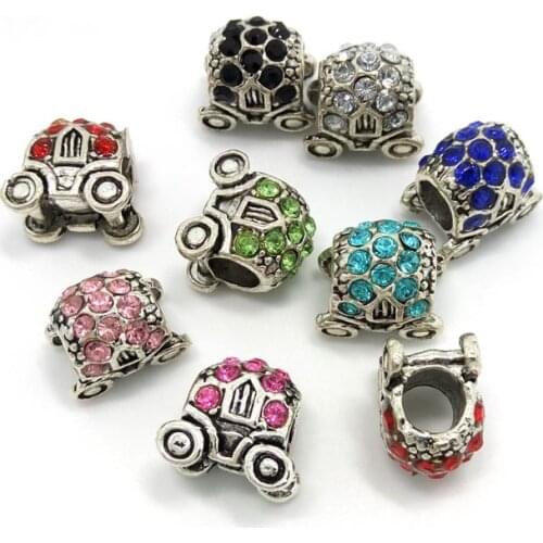Free Shipping 50pcs car rhinestone beads big hole alloy charms mix color fit European bracelet DIY